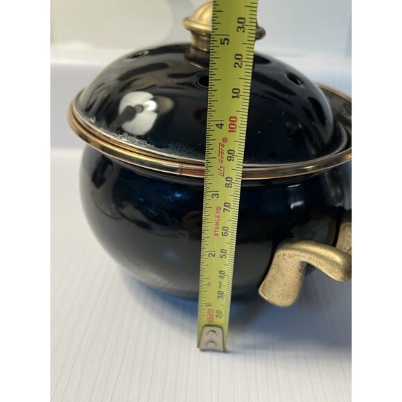 Vintage 5.5" Potpourri Pot Brass and Enamel Black with Vented Lid Brass Handles - Picture 9 of 11
